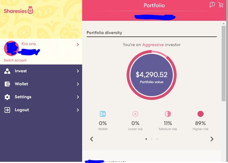 Sharesies dashboard, showing returns on my sons account