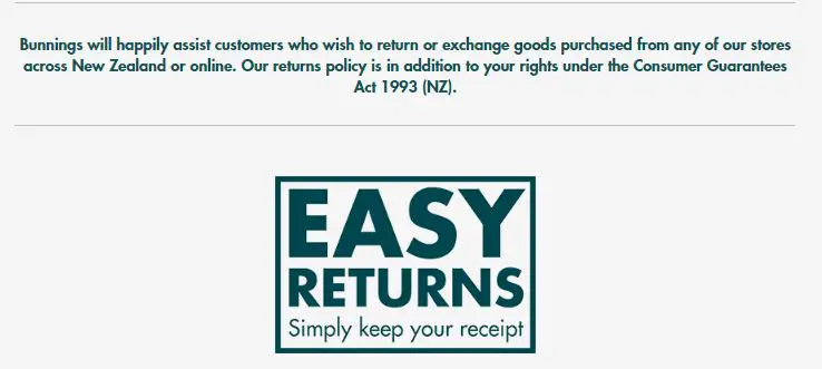 Screenshot of the Bunnings Return Policy homepage