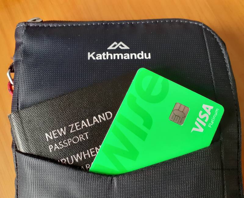 Kathmandu Travel wallet showing Black New Zealand Passport and Green Wise Debit Card.