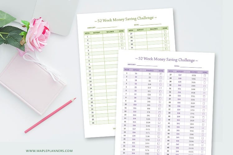 Free 52-week money saving challenge printables 