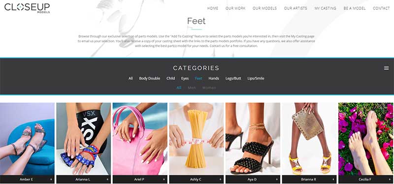 Homepage of closeup models - a modelling agency that focuses on closeup images of feet and other body parts.