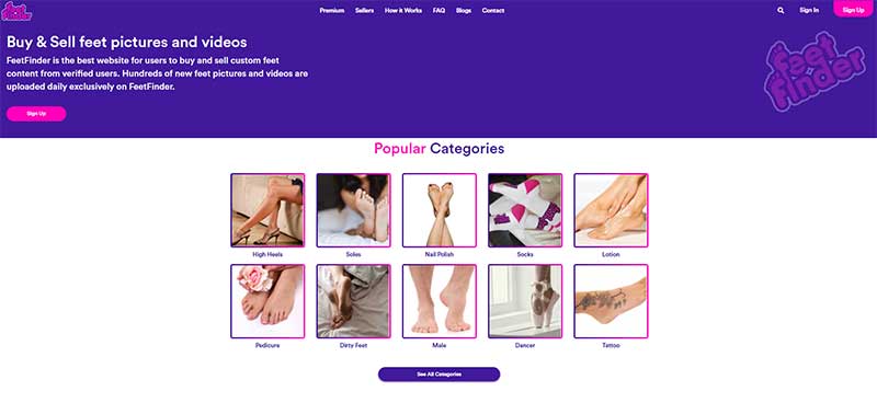 Screenshot of feetfinder.com homepage, a website for selling feet pictures online. Contains ten images in a grid showing different feet styles.