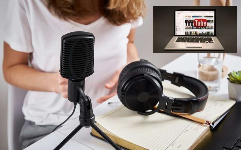 podcast concept, a woman recording online course, youtube in laptop