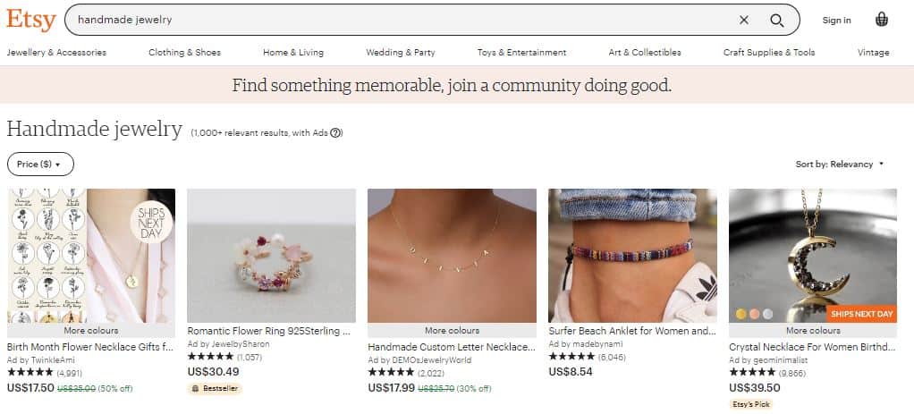 Screenshot of handmade jewelry category listing on the Etsy website in an article about the best things to sell on Etsy to make money.