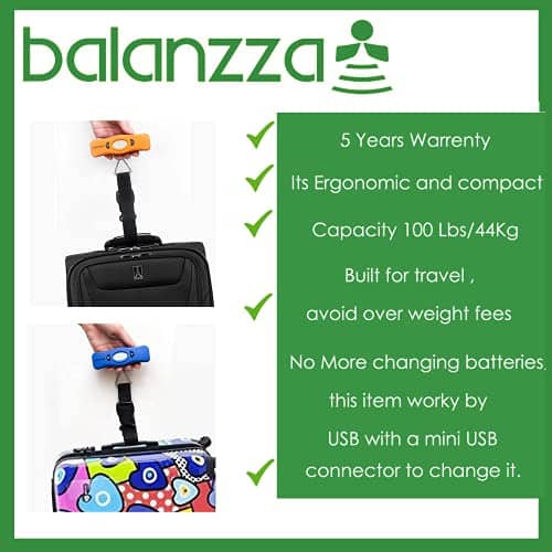 Balanzza Rechargeable Lugagge Scale, Portable Digital Handheld Suitcase Weight for All Travelers, 100 Pounds, 5 Years (Blue), (BZ400U)