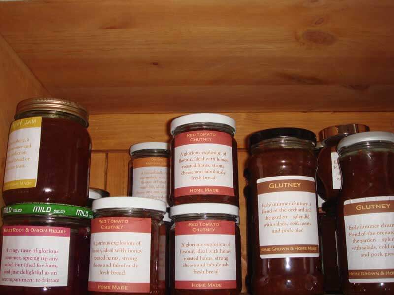 Jars of chutney on a shelf