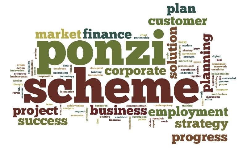 Image featuring many text overlays with large ones that read ponzi scheme
