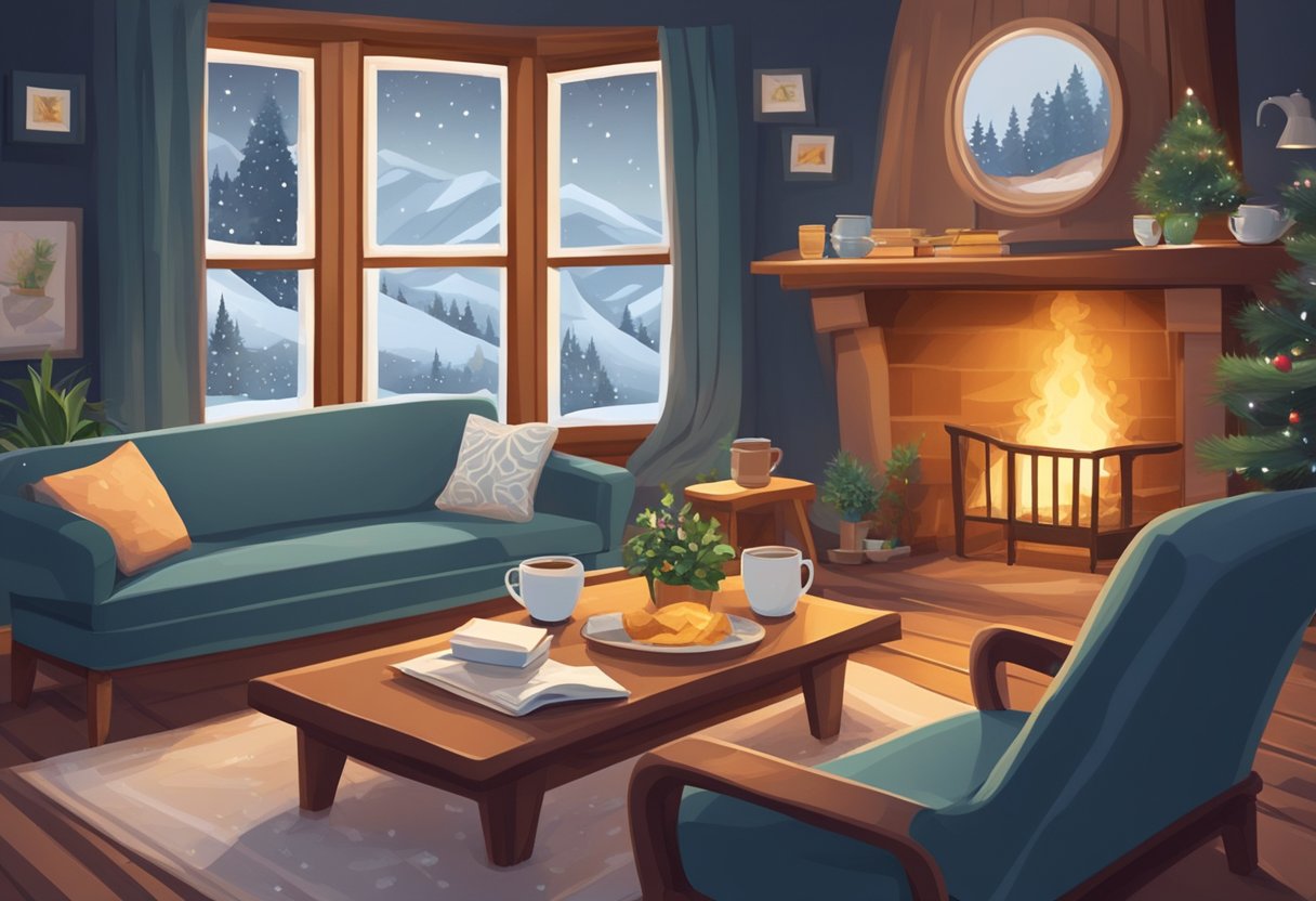A cozy living room with a crackling fireplace, snow falling outside, and a warm cup of tea on a table