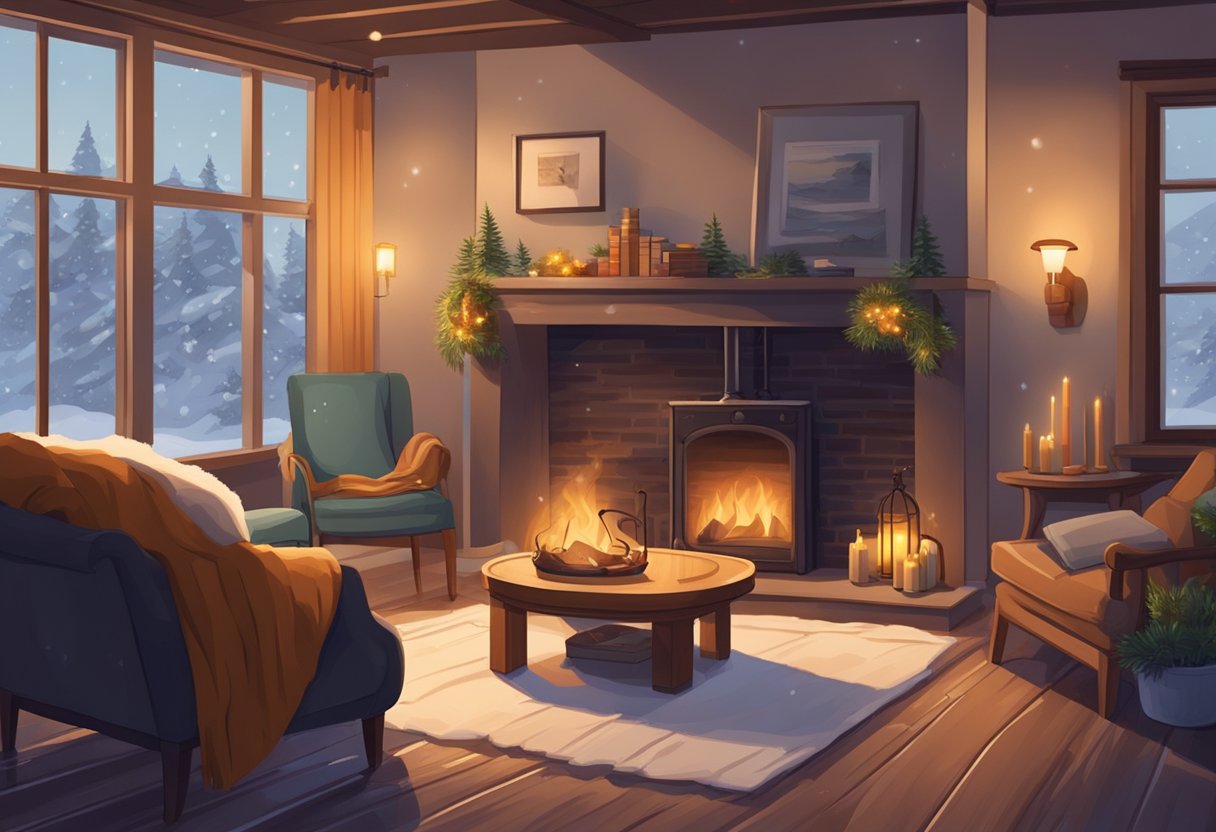 A cozy living room with a roaring fireplace, snow falling outside the window, and warm blankets draped over a comfortable chair