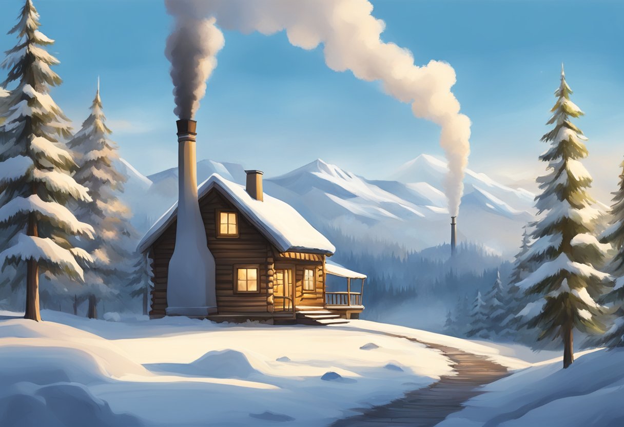 A snow-covered landscape with a cozy cabin and smoke rising from the chimney, surrounded by trees and a clear blue sky