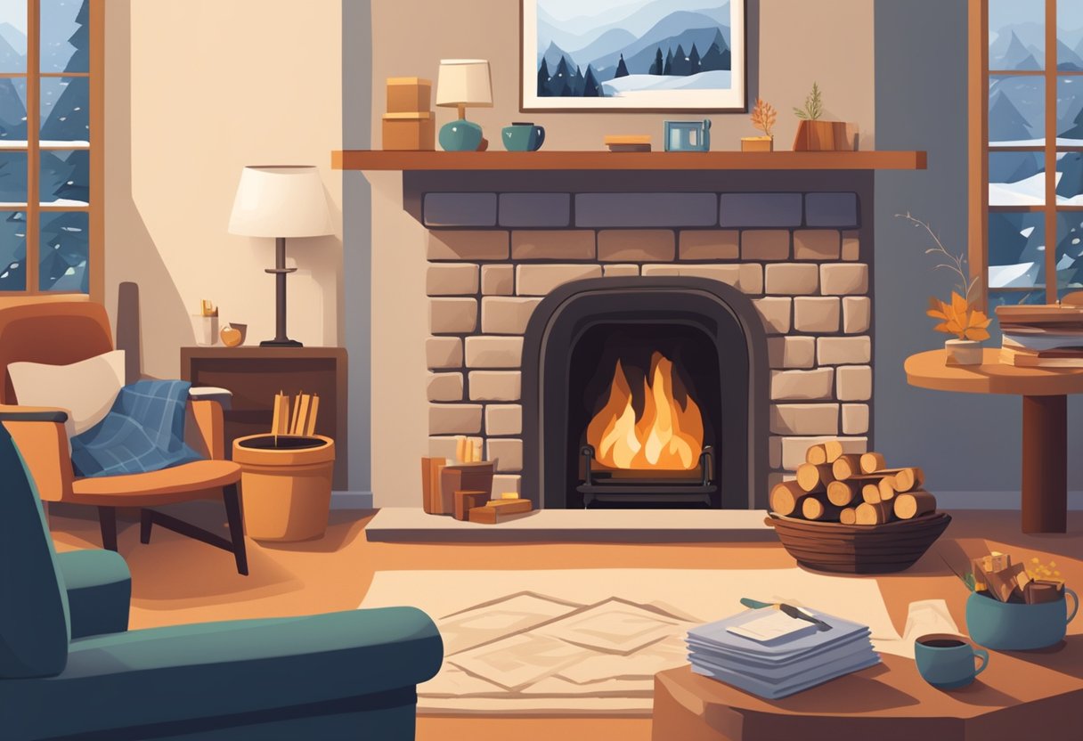 A cozy living room with a fireplace, a stack of firewood, and a warm blanket on a chair. A calendar shows the month of December, and a letter with "Winter Energy Payment" is on the table