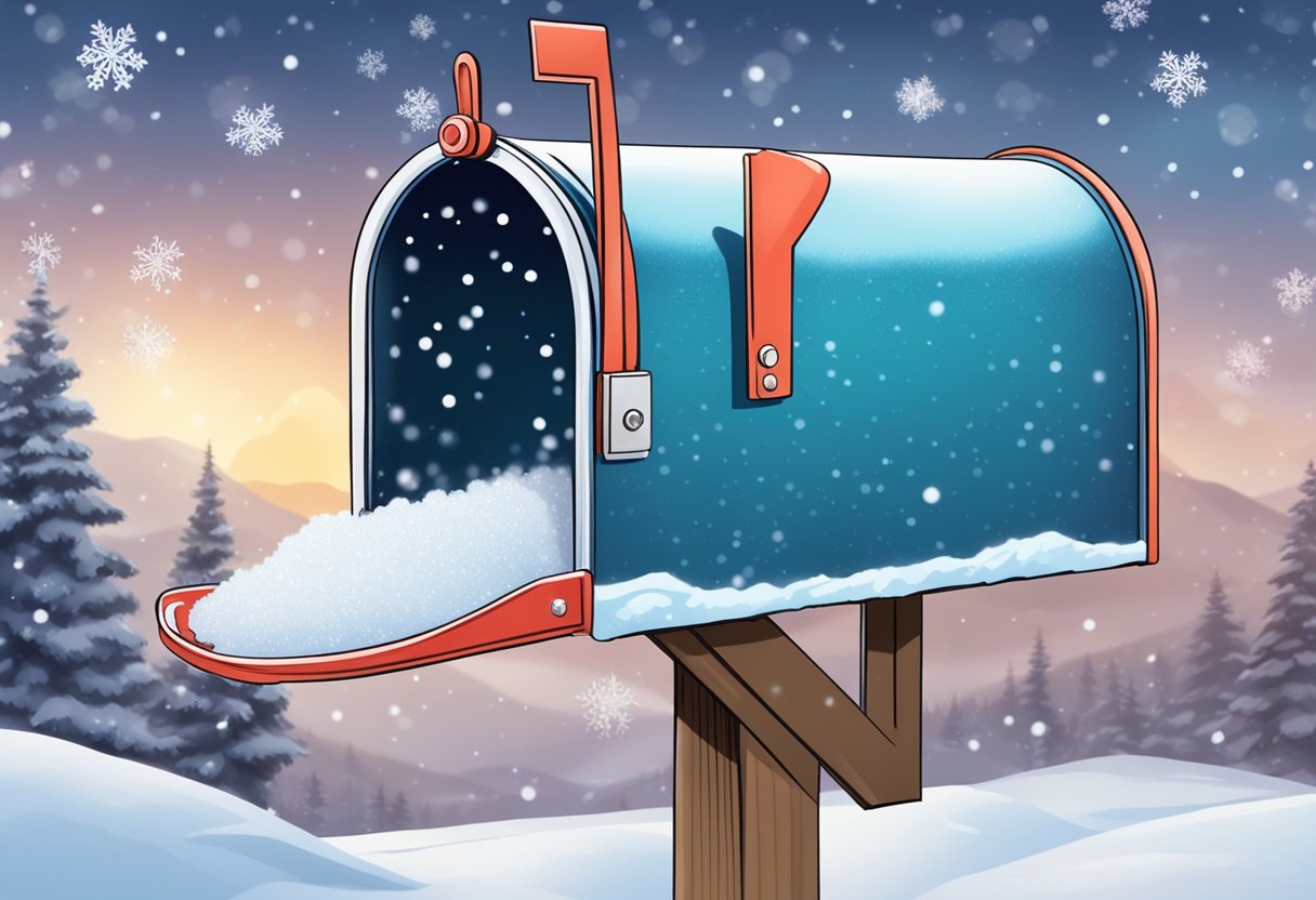 Snow-covered mailbox with "Winter Energy Payment Application" form inside. Frozen breath visible in the cold air. Snowflakes falling gently
