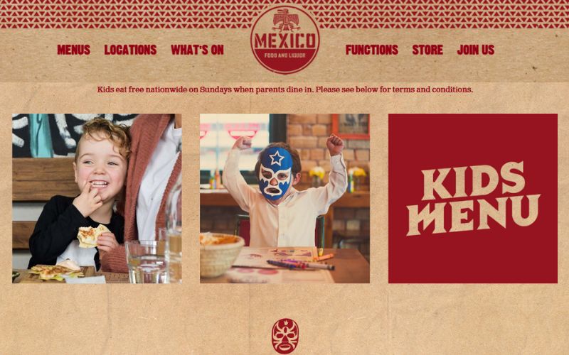 Website page of a restaurant with images of happy children