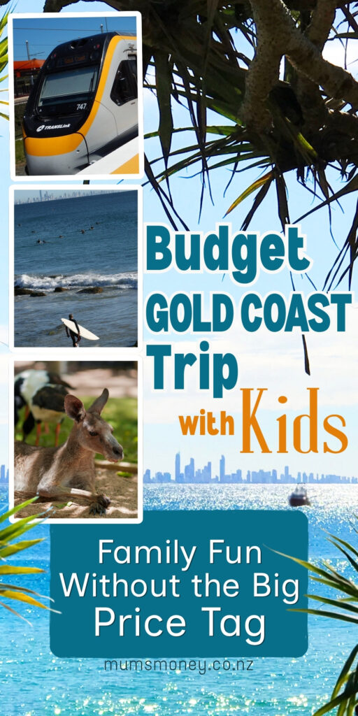 Images of Airtrain, a Kangaroo, and a beach with someone surfing overlayed on another image of a beach in Gold Coast