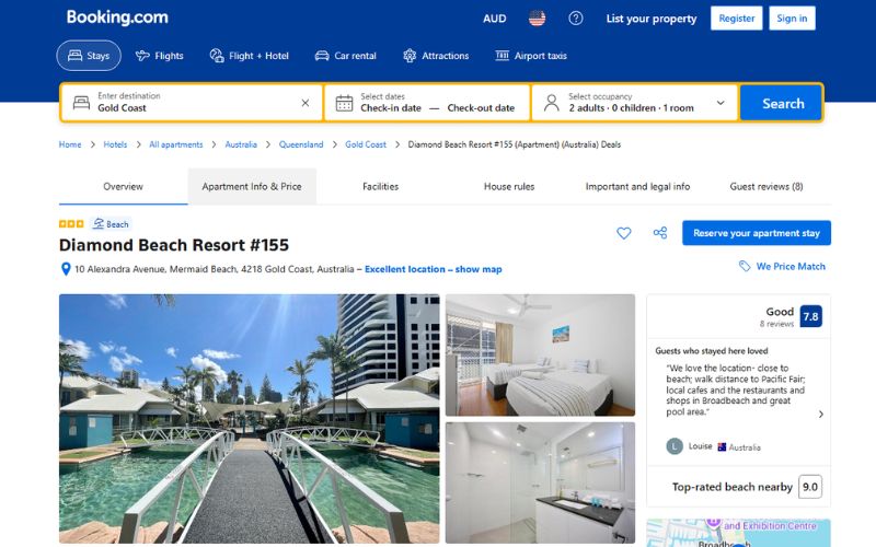 A Booking.com listing page for the Diamond Beach Resort apartment in Gold Coast, Australia. The screenshot displays property images, location details, a good rating score, and booking options.